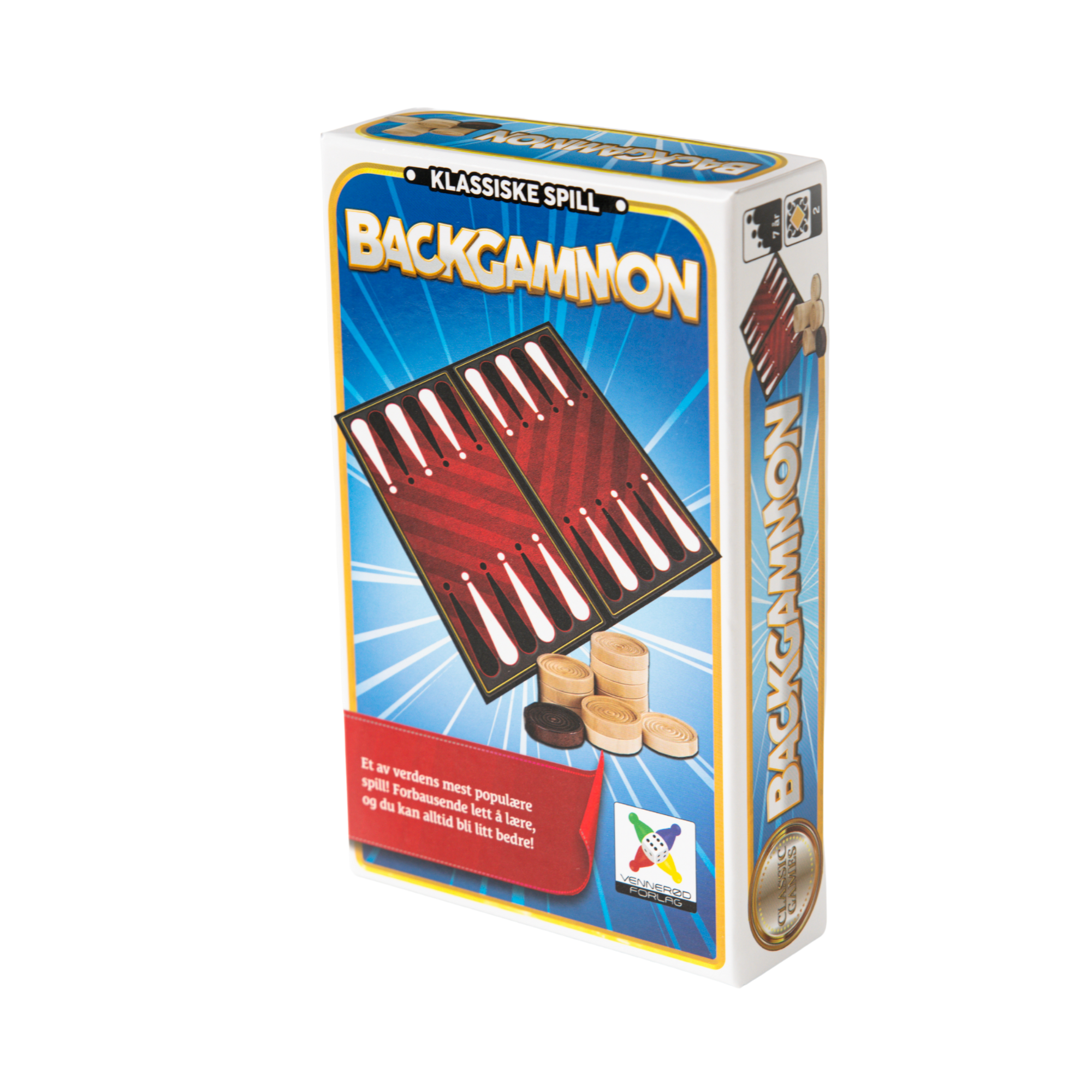 Reisespill backgammon blå eske med motiv av spillbrett og brikker